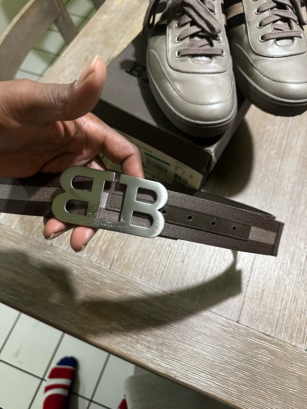 Bally grey Striped Canvas Belt with Silver BB Buckle
